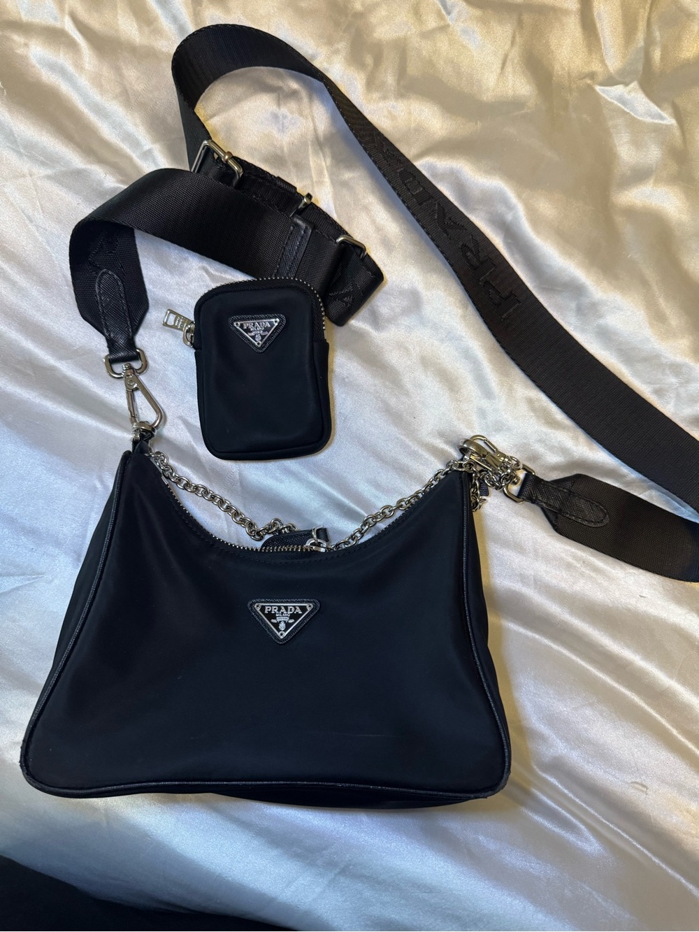 Prada Black Nylon Shoulder Bag with Chain and Detachable Strap